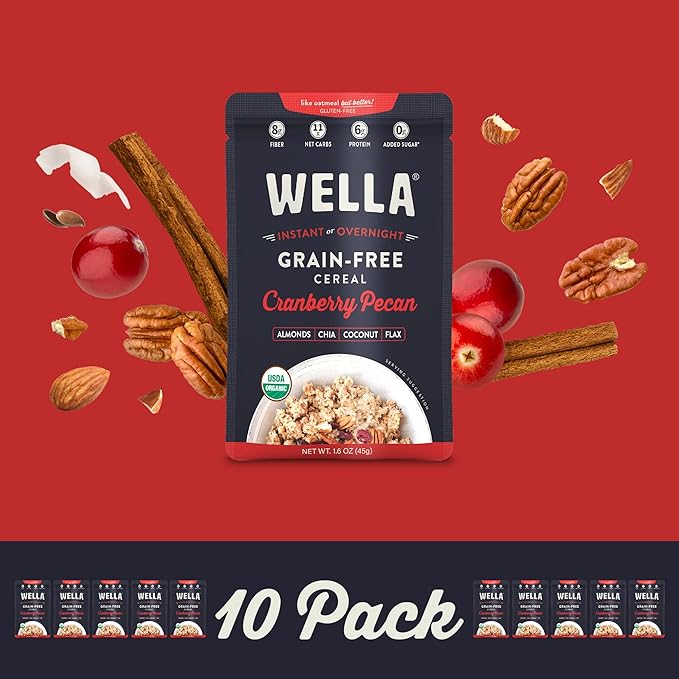 Wella Cereal Oatmeal Alternative, Gluten-Free Breakfast Hot Cereal, Grain-Free Paleo Organic Vegan High Protein Superfood, Plant-Based Non-GMO, Low in Net Carbs, Single-Serve Packets, Cranberry Pecan Flavor (10 Count, 1.6 oz. Packets)