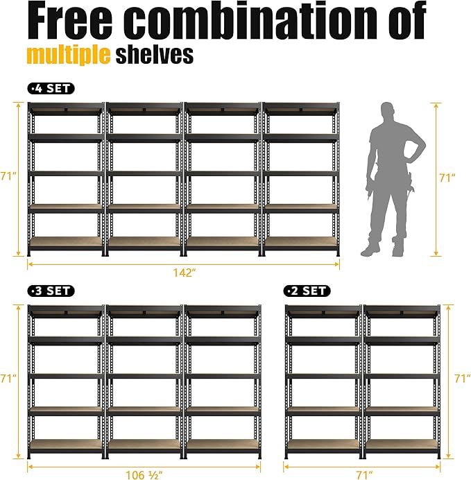 PrimeZone Storage Shelves 4 Packs 5 Tier Adjustable Garage Storage Shelving, Heavy Duty Metal Storage Utility Rack Shelf Unit for Warehouse Pantry Closet Kitchen, 35.5" x 15.75" x 71", Black