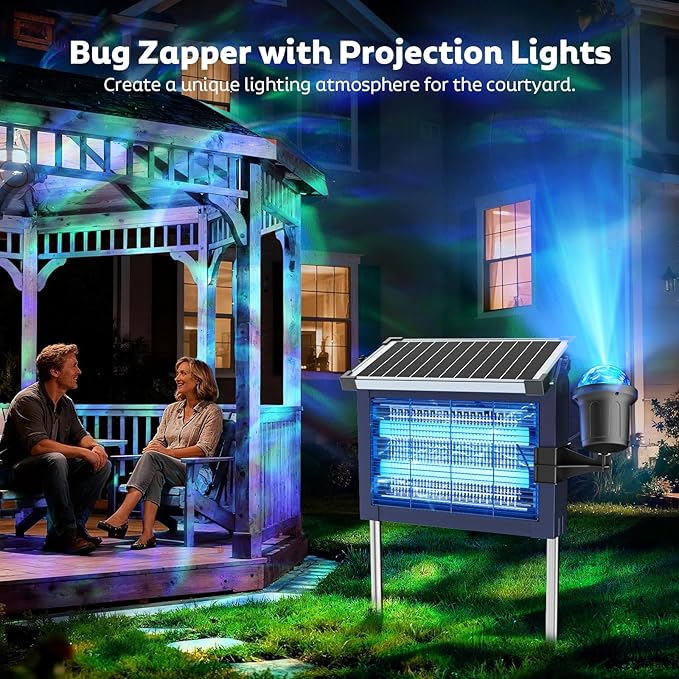 Solar Bug Zapper Outdoor with Projector Lights, Mosquito Zapper Waterproof Electric Fly Zapper Rechargeable with 10W Solar Panel, 4500V Cordless Fly Trap for Backyard, Patio, Garden, Camping