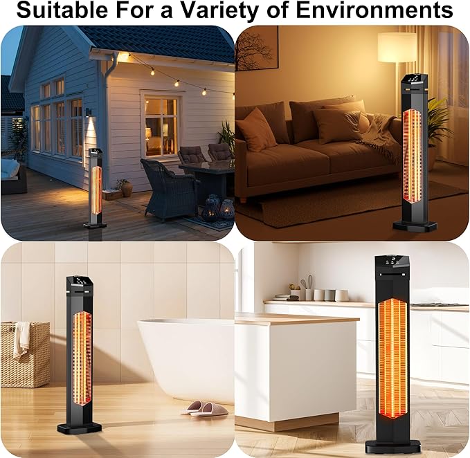 AKIRES 37IN Outdoor Electric Patio Heater,Portable Infrared Heaters With Remote,IP54 Waterproof Tower Space Heater,12H Timer,Large Room Heater for Garage Backyard Porch Balcony Shop Patio,Black