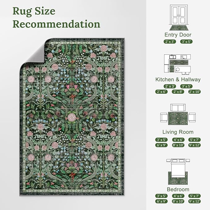 AMTOVO 2.7x8 Runner Rug for Hallway, Washable Non-Slip Long Kitchen Carpet, Floral Vintage Distressed Floor Mat for Hallways Entryway Living Room Laundry Room Bathroom Farmhouse, Dark Green