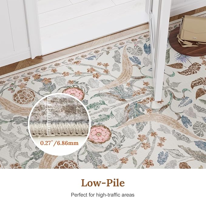 AMTOVO 2.7x8 Runner Rug for Hallway, Washable Non-Slip Long Kitchen Carpet, Floral Vintage Distressed Floor Mat for Hallways Entryway Living Room Laundry Room Bathroom Farmhouse, Beige