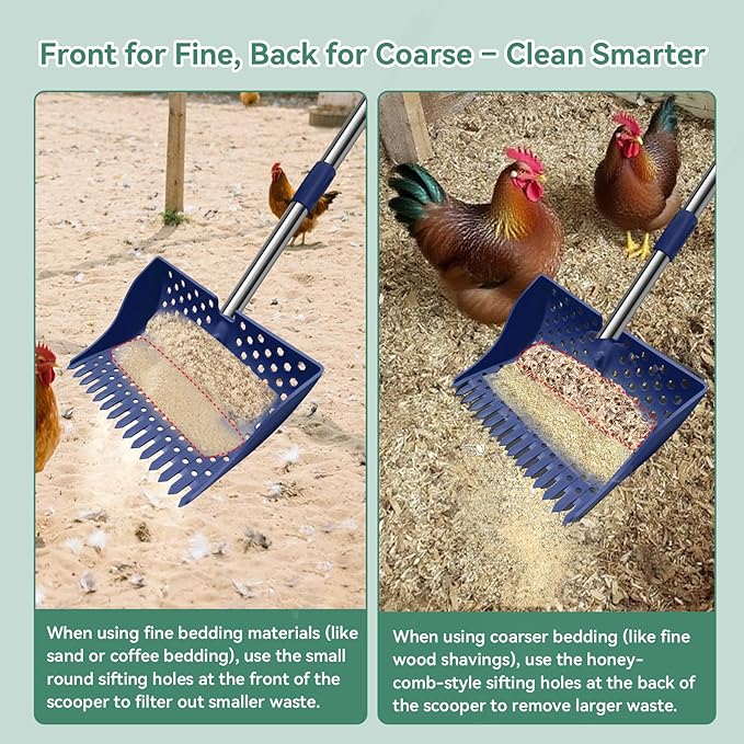 US Patent Pending 12-Inch 2-in-1 Chicken Poop Scooper & Rake,3-Shape Sifting Holes Chicken Coop Rake,Stainless Steel Handle (20–61")– Litter Scooper & Sand Sifting Shovel for Chicken Coops(Blue)