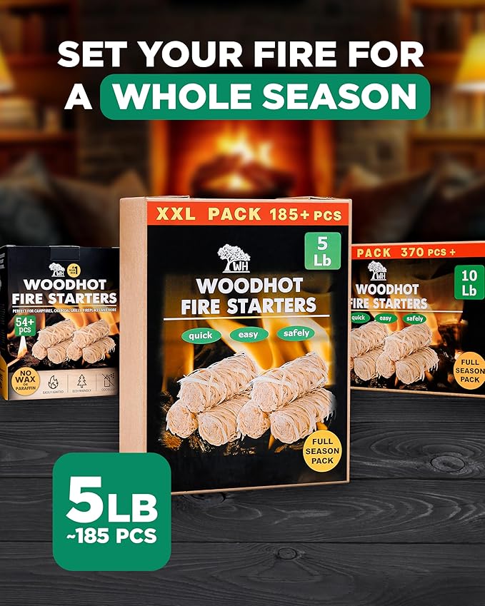 WH 185 pcs Natural Fire Starters for Indoor Fireplace - 5lb Large Box - Long-Burning Charcoal Starters - Odorless Firestarters for Wood Stove, Chimney, Campfires & Grill - Quick Ignite