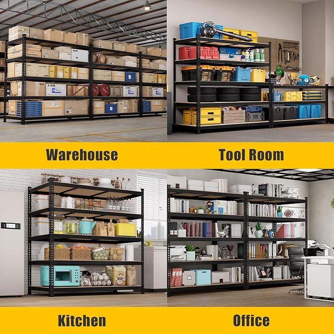 48" W x 24" D x 72" H Garage Shelving Heavy Duty - 5 Tier Metal Storage Shelves, Adjustable Shelving Unit, Utility Rack Shelf for Pantry, Warehouse, Closet, Office, Kitchen, Black