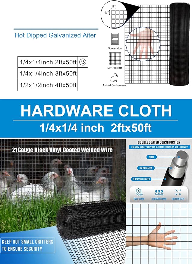 Black Vinyl Coated Hardware Cloth for Chicken Wire Fencing-1/4in Mesh AWG 21 Gauge 24in x 50ft Galvanized Welded Wire Mesh Roll-Poultry Cage, Rabbit Protection, Snake Proof, DIY Projects
