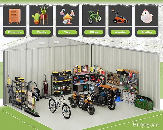 Greesum 10x10FT Outdoor Storage Shed, Utility Tool Shed Metal Storage Shed with Door & Lock for Patio Storage, Garden, Lawn, Gray