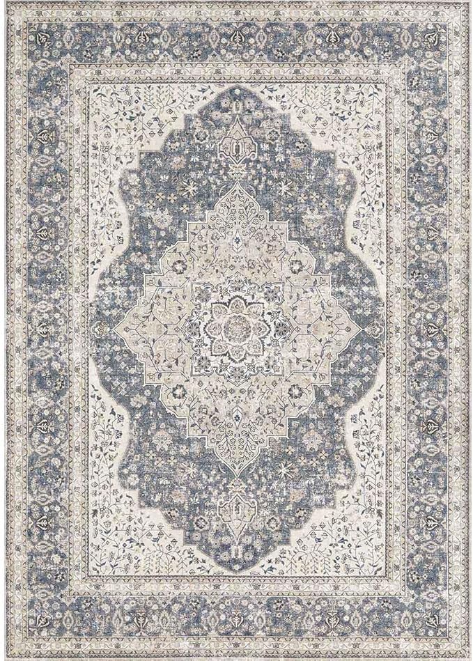 Washable Rug 9x12 Area Rugs for Living Room Bedroom Dining Room Home Office Floor Decor -Stain & Fade Resistant Non Slip Backing Carpet,Ultra-Thin Vintage Large Carpets (Blue/Beige,9'x12')