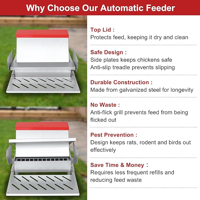 Large Automatic Chicken Feeder-25lb Metal Treadle Chicken Feeder No Waste, Rat Proof Poultry Feeder with Sturdy Galvanized Steel Build & Weatherproof Locking Lid for Duck, Fowl, Pheasants Outdoor Use
