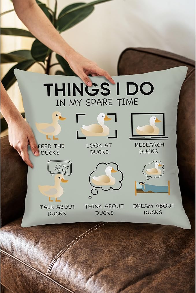 Funny Duck Throw Pillow Covers 18 x 18-Things I Do In My Spare Time Duck Decorative Pillow Covers,Funny Duck Gifts,Duck Gifts for Duck Lovers,Duck Themed Gifts for Women,Duck Decor (Sage Green)