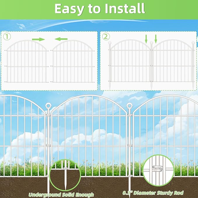 Decorative Garden Fence 24in (H) x20ft (L), 10 Pack No Dig Fence Animal Barrier for Dog, Arched Flower Bed Edging, Wire Border Panel Fencing for Yard Patio Outdoor Decor White