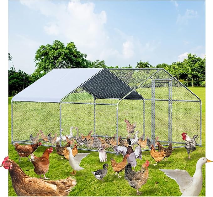 Chicken Coop Large Metal Chicken Coop for 15-20 Chickens with Waterproof and Anti-UV Cover,Premium Walk-in Poultry Cage for Chicken Run,Chicken House for Outdoor Farm Use(11.3'Lx9.8'Wx6.5'H)