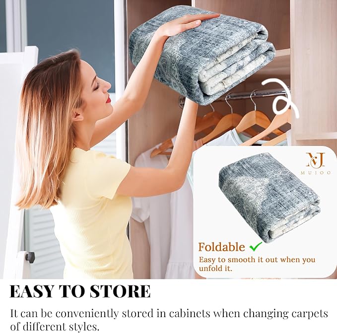 MUJOO Hallway Runner Rug 2'x8' Blue Grey Long Rug Runners Boho Machine Washable Non Slip Carpet for Entryway Kitchen Bathroom Bedside Retro Soft Low-Pile Blossom