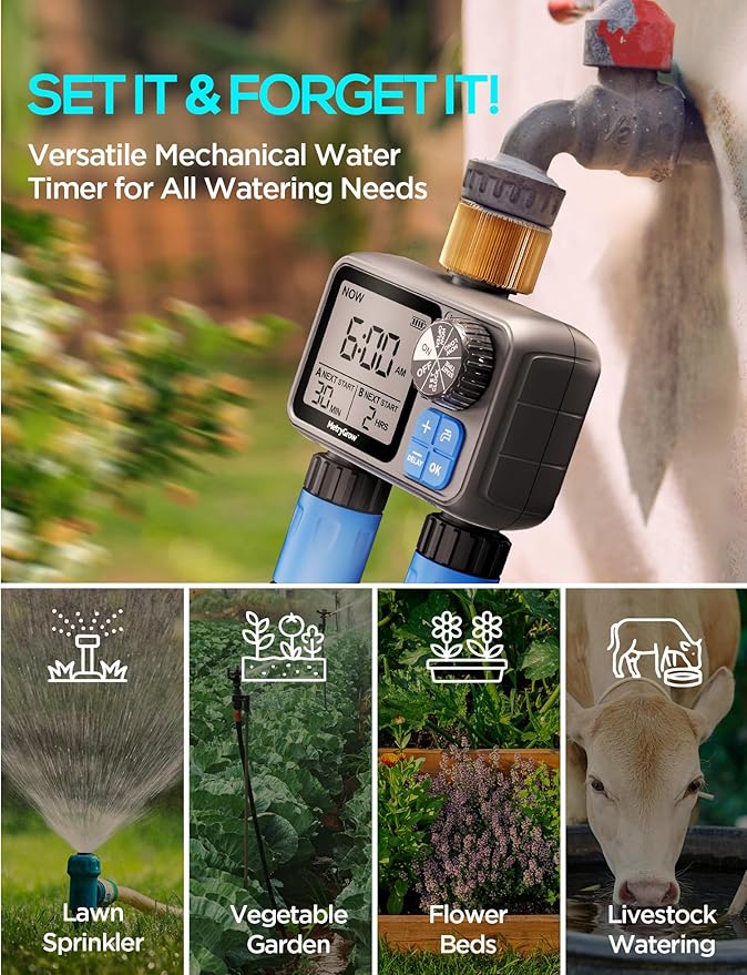 Sprinkler Timer, Programmable Irrigation Water Timer with 2 Brass Inlet for Garden Hose, Automatic Watering System for Yard Lawn, Rain Delay