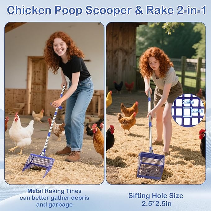 Chiken Coop Scoop 2-in-1 Chicken Poop Scooper & Rake Sand Sifting Litter Shovel for Chicken Coops Animal Farms Pet Waster Cleaning Tools Multifunctional Litter Sifting Shovel (35 to 65")