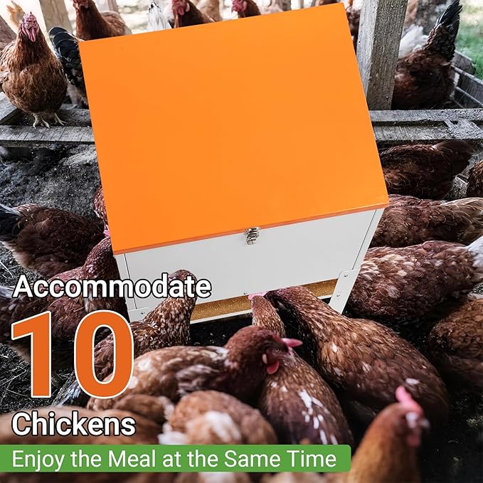 Chicken Feeder, 50LBS Capacity Metal Poultry Feeder (16” x 12.5” x 24.5”) for 10 Chickens, Powder-Coated Steel Feeder w/Waterproof Lid and Stainless Handles