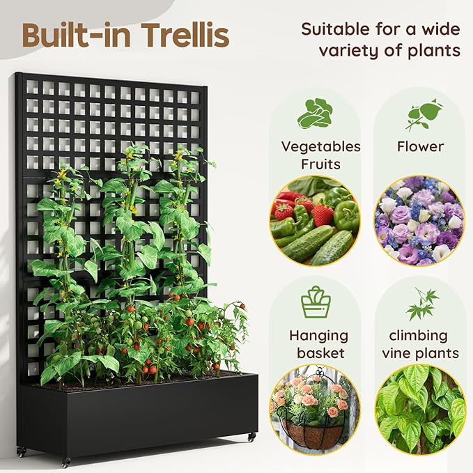 Metal Planter with Trellis& Wheels 72" x 47"x 15.7" Raised Garden Bed with Trellis,Privacy Planters for Patio,Garden Bed for Climbing Plants,Suitable for Climbing Plants and Vegetables,Black