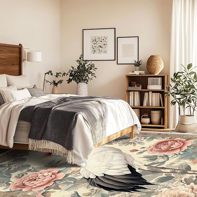 8x10 Crane Area Rugs Boho Japanese Crane Floral Rug for Living Room Indoor Soft Non-Slip Thin Large Carpet Beige Rugs for Bedroom Home Decor Under Table Washable Machine