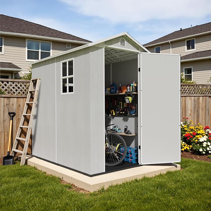 Devoko 4x6 FT Outdoor Storage Plastic Shed, Waterproof Resin Garden Shed with Lockable Door, Floor & Window, All-Weather Tool Shed for Backyard, Patio, Lawn, Poolside