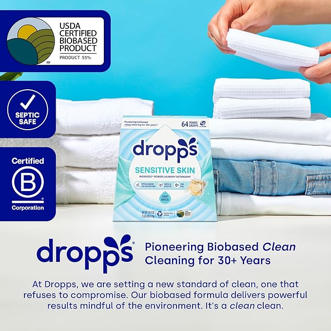 Dropps Sensitive Skin Laundry Detergent Pods, Crisp Breeze (160 Count) - Dermatologist Tested Laundry Pods - HE Compatible Laundry Supplies for Clean Clothes, Vegan & Dye-Free