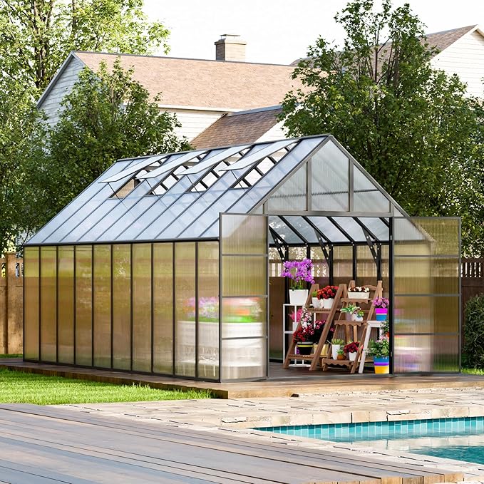 10'x10'x20' Snap-Together Greenhouse - Easy 3-Way Connectors, Heavy-Duty Aluminum Frame, Wind/Snow Resistant for Gardening/Urban Farming, Includes Sliding Door & Ventilation Windows