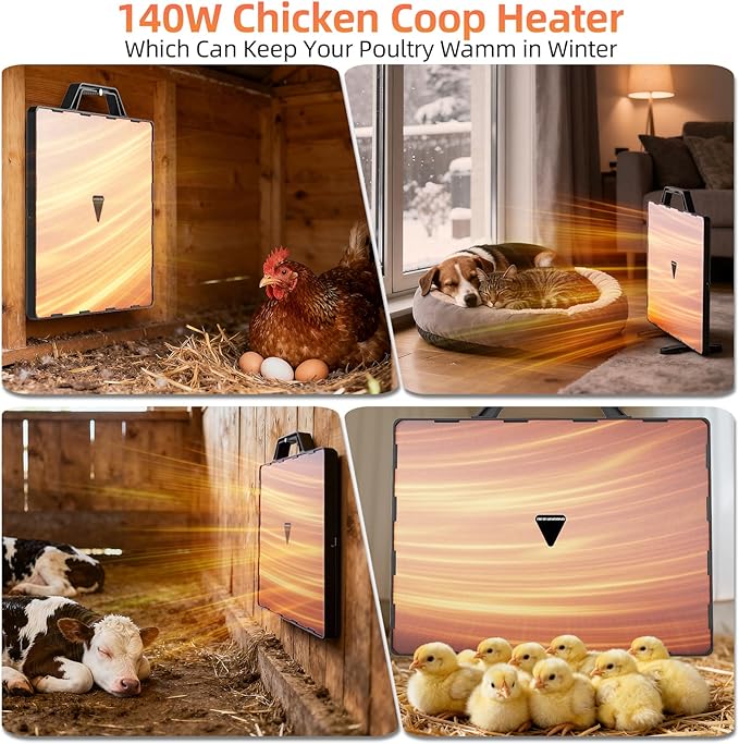 Smart Chicken Coop Heater, 140W Radiant Heat Panel with Adjustable Temp, Chicken Coop Heater for Winter, Quiet & Light-Free Design, ETL/UL Certified Safe, Suitable for Pets and Animals in Winter