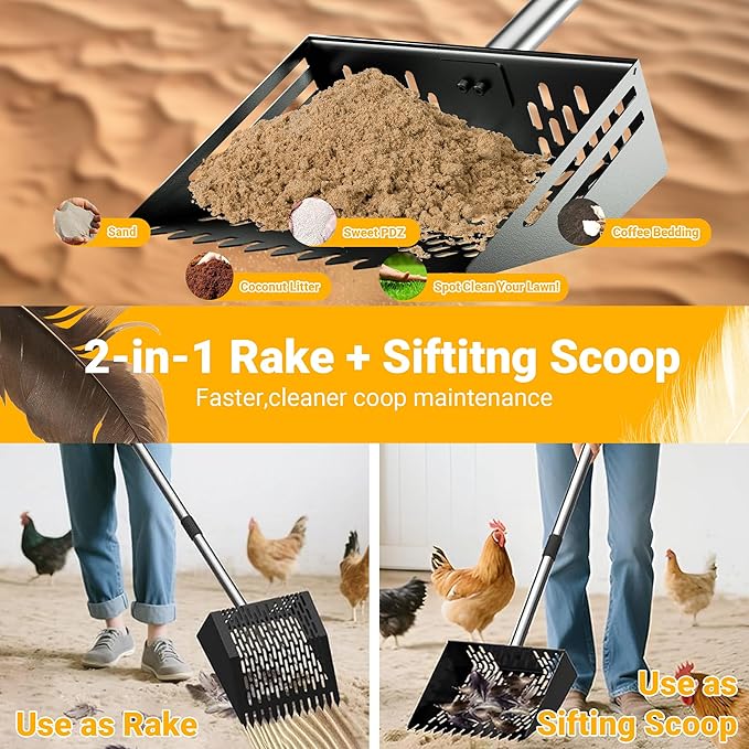 Pugala 5-in-1 Large Chicken Poop Scooper & Rake – 24" to 68" Long Adjustable Stainless Steel Handle, 10" Wide Metal Sifting Shovel Head – Heavy Duty Chicken Coop Cleaning Tool for Litter & Sand,Black