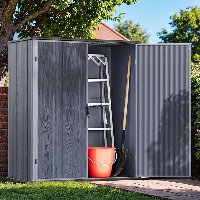 Devoko 5 x 3 Resin Outdoor Storage Shed with Floor - Waterproof Plastic Outdoor Tool Cabinet with Lockable Doors for Patio Furniture, Pool Accessories, Garden Tools (Deep Gray)