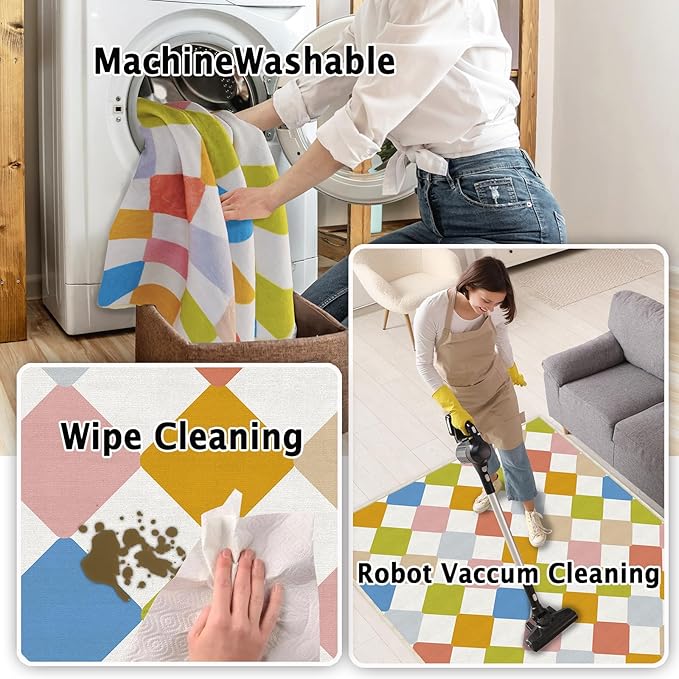 Checkered Washable Geometry Diamond Area Rugs 5x7 Modern Colorful Soft Large Carpet for Children's Room Living Room Entryway Bedroom Non-Slip