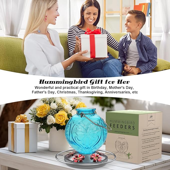 Glass Hummingbird Feeder for Outdoors Hanging, 25Oz Humming Bird Nectar Feeders with Perch & 5 Flower Feeding Ports, Leak Proof for Outside Garden Decor, Gifts for Women (Blue)