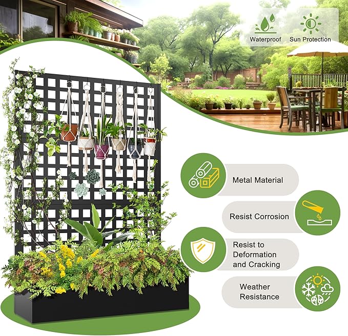 FENCY Metal Raised Garden Bed with Trellis, Metal Planter Box with Trellis, Garden Box for Climbing Plants Vegetable, 47''Lx16''Wx71''H Garden Bed with Drainage Holes(Black)