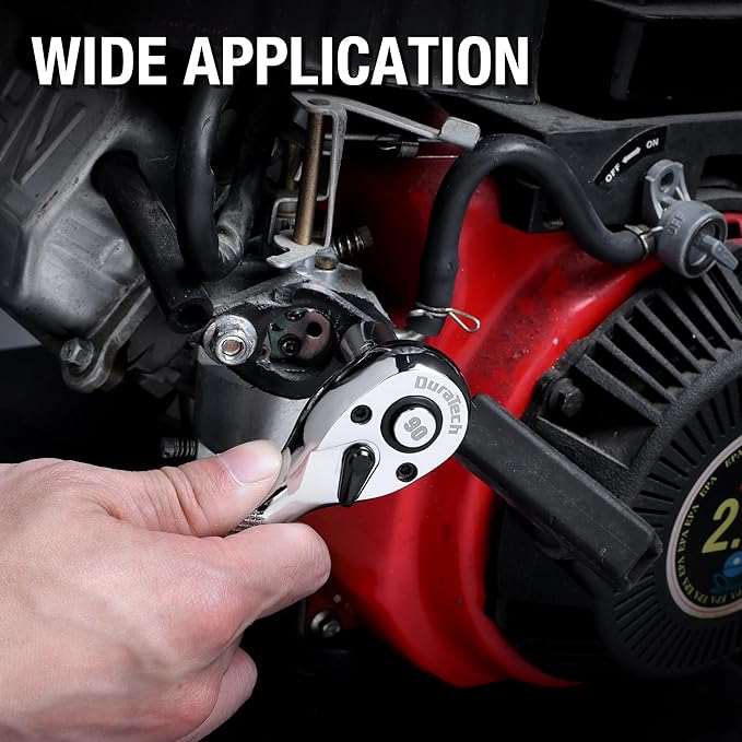 DURATECH 3PCS Stubby Ratchet Wrench Set, 90-Tooth 1/4" 3/8" 1/2" Drive Socket Wrench, Mini Small Ratchet with CR-MO Head, Quick-Release & Reversible Design, Full Polished, EVA Organizer