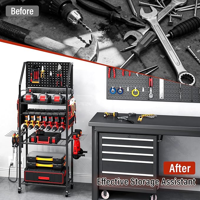 TC-HOMENY Power Tool Organizer Cart with 8 Outlets Charging Power Station, 24 Large Drill Tool Storage Racks with Wheels for Garage, Heavy Duty Tools Organizer Station, Festival Gifts for Men Dads