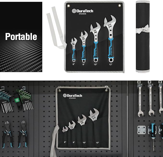 DURATECH 4-Piece Adjustable Wrench Set, 6-inch, 8-inch, 10-inch, 12-inch, 3-in-1 Spanner with Box End/Hex Function, CR-V Steel, Chrome-plated, Bi-material soft Grip, with Rolling Bag