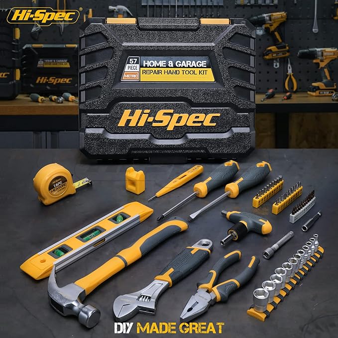 Hi-Spec 57pc Home Garage DIY Tool Kit Set. Complete Beginner Handyman and Home Mechanics Tool Box Set for Auto, Car, Bike and Household Repairs