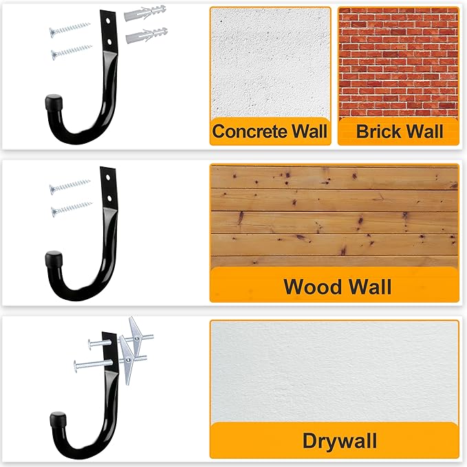 KURUI Large Metal Wall Hooks for Hanging Living Room/Bedroom/Garage, 14Pcs Garage Organization and Storage Heavy Duty Hook for Tool Coat Backpack Bag, 40 LB Black Wall Mount Hanges for Outdoor Indoor