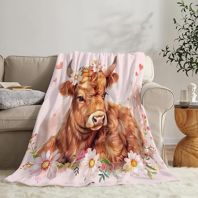 Highland Cow Blanket Cute Cow Throw Blanket Highland Cow Gifts and Decor Cow Blanket for Girls Women Kids Adults Soft Warm Cozy Fleece Blanket for Couch Sofa Bed 60"x50"