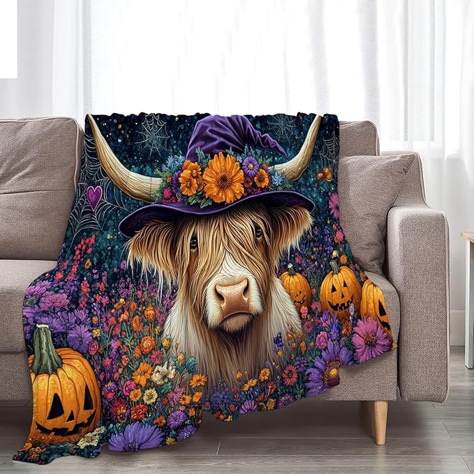 Tijuboni Highland Cow Pumpkin Throw Blanket for Girls Boys Women Men Kids Adults Soft Flannel Fleece Blanket for Couch Sofa Bed Home Decor 50"x60"