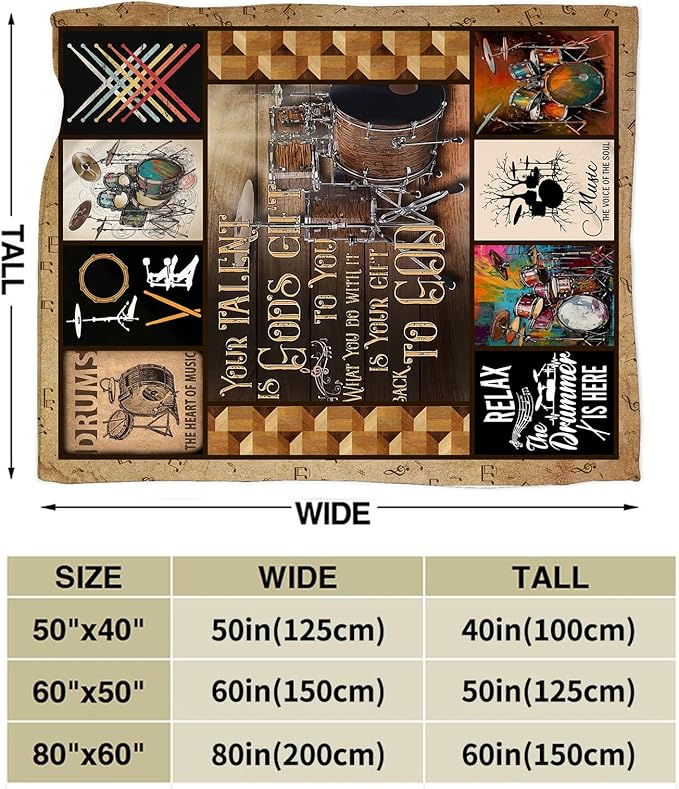 Rock Music Blanket Ultra Soft Cozy Drum Set Kit Throw Blanket Fleece Fuzzy Plush Bedding Vintage Musical Instrument Lovers Gifts for Women Girls Kids Adults 80"x60"