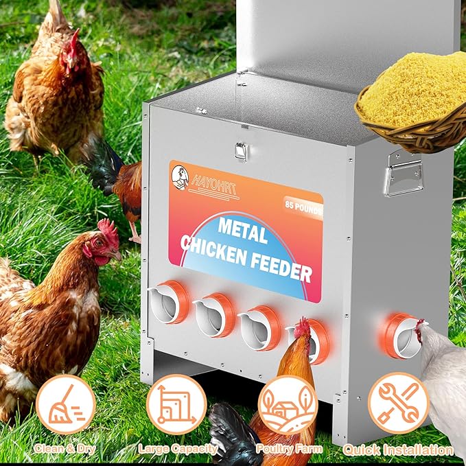 85-120LBS Capacity Chicken Feeder No Waste 10-Ports Automatic Large Poultry Feeder with Latch & Handle for Chickens Bantams Pheasants Poultry Coop Weatherproof