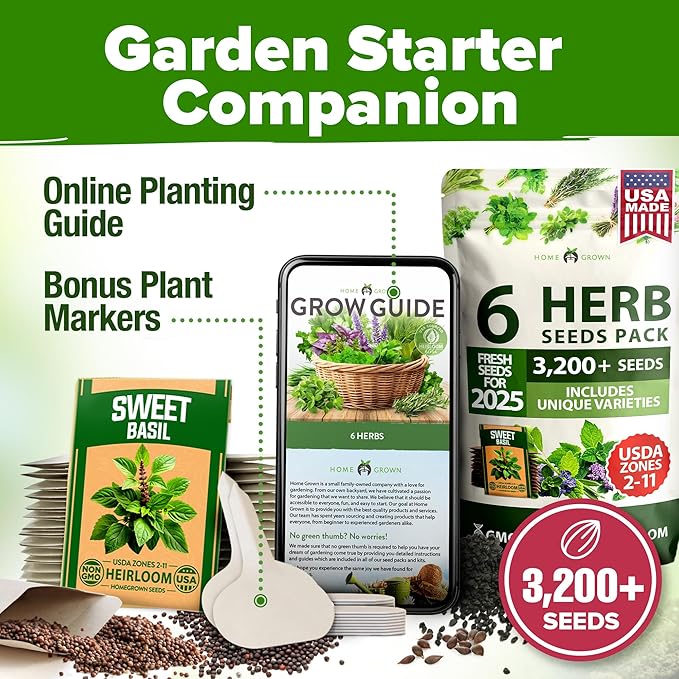 HOME GROWN 6 Herb Seeds for Planting 3,200+ Non-GMO Heirloom Seeds | Extra Large Variety Pack Herb Kit – Indoor Outdoor & Hydroponic | Culinary Seed Set | Grow Your Own Herbs | Gift for Beginners