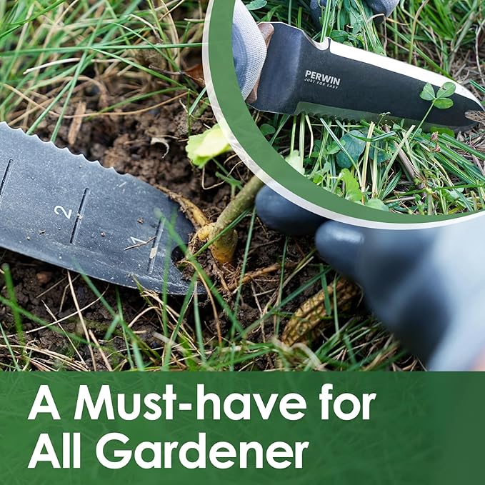 Hori Hori Garden Knife, Garden Tools with Sheath for Weeding, Planting, Digging, 7" Stainless Steel Blade with Cutting Edge, Full-Tang Walnut Wood Handle with Hanging Hole