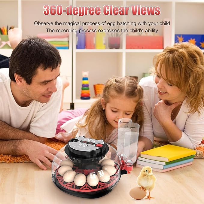 12 Egg Incubator with Temperature Control, Humidity Display, Automatic Egg Turner and Candler, Automatic Water Bottle Refill, for Hatching Chickens/Ducks/Gooses/Quail