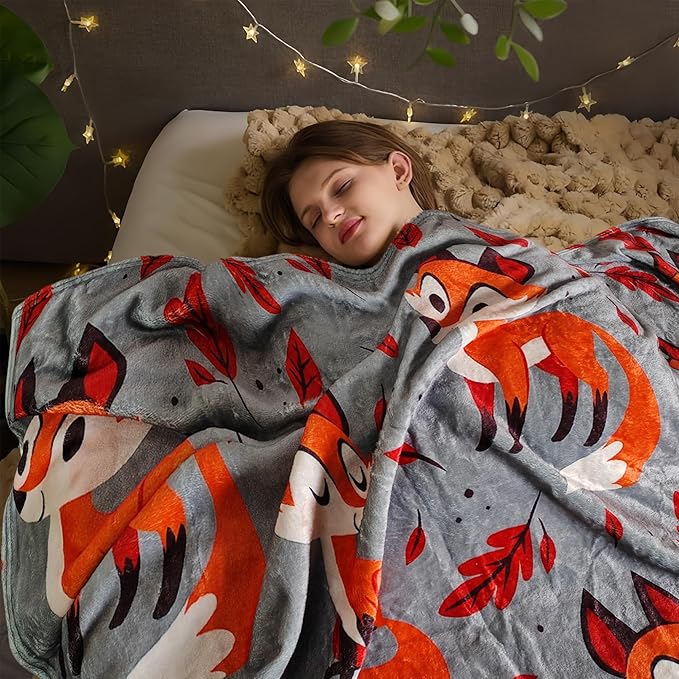 Cute Fox Blanket for Women Girls Kids Adults 40" x 50", Flannel Throw for Sofa Couch Bed Living Room, Gifts for Animal Lovers
