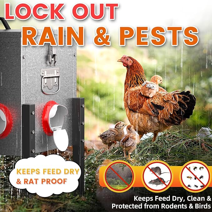 10gal Large Automatic Chicken Feeder - 55LB Capacity 8 Port No Waste Poultry Feeder, Rust-Proof Alloy Steel with Locking Lid & Adjustable Legs for Chickens
