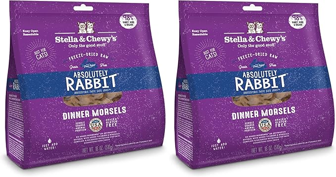 Stella & Chewy's Freeze-Dried Raw Cat Dinner Morsels - Premium Rabbit Recipe with 98% Responsibly-Sourced Meat & Organs - Natural Grain-Free Cat & Kitten Food - Made in USA - 18oz (Pack of 2)