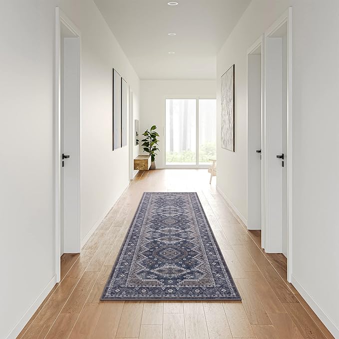 Rugland 2'6x8' Runner - Stain Resistant Entryway Rug, Anti Slip Backing Hallway Runner Rug, Vintage Tribal Area Rugs (TPR07-Navy, 2'6x8')