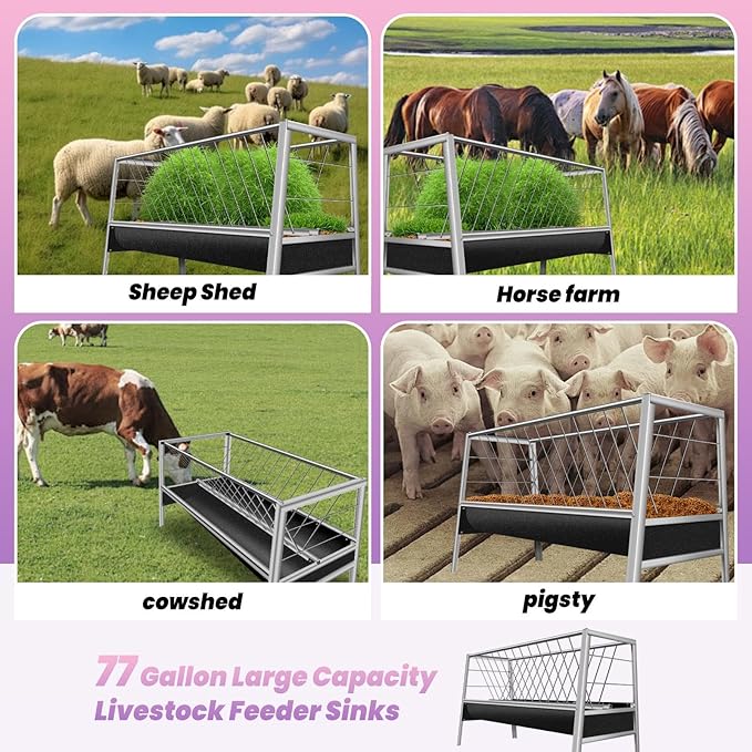 Heavy Duty 77 Gallon Livestock Feeder, Stainless Steel, 2-in-1 Design with 55 Gallon & 22 Gallon Compartments for Hay & Pellet Feed, Goats, Horses, Easy to Assemble and Maintain