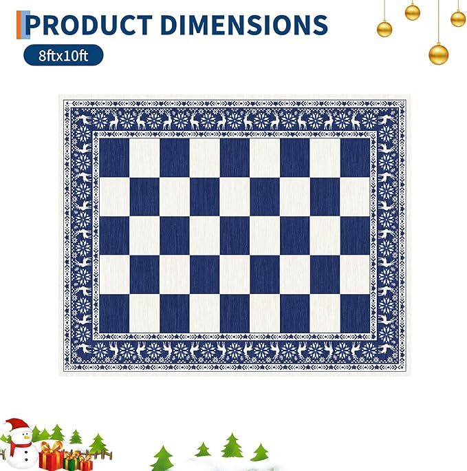 GarveeHome Blue 8x10 Area Rugs for Living Room, Washable Rug for Christmas Decor, Indoor Non Slip Carpet, Checkered Soft Low Pile Christmas Rug for Bedroom, Dining Room