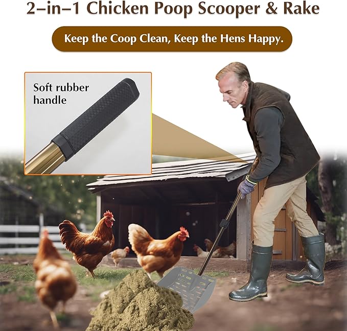 Telescopic Chicken Poop Scooper & Rake 2-in-1 Chicken Litter Scoop for Chicken Coops & Small Farm Animals Sand Sifting Litter Shovel (Gray)